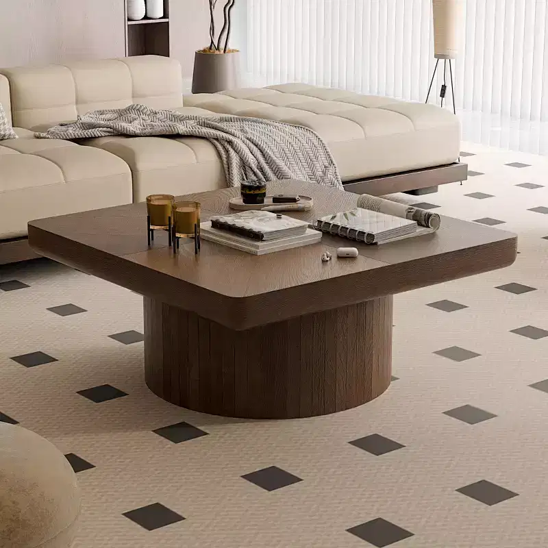 Square Coffee Table for Living Room, Wood Veneer Top with Parquet Pattern, Walnut