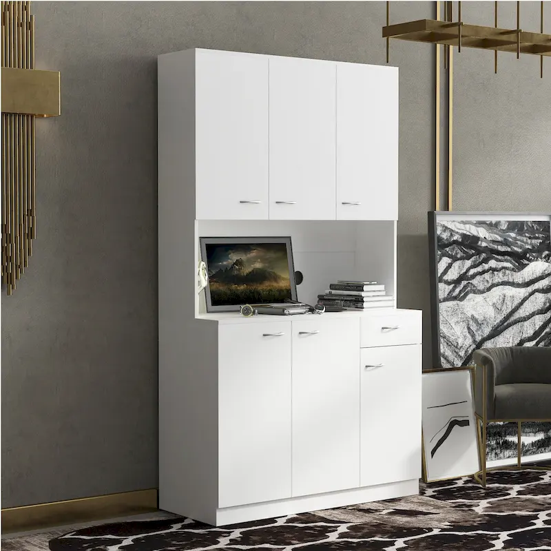 White 71 Tall Kitchen Pantry Buffet Cabinet with 6-Doors, 1-Open Shelves and 1-Drawer - 39.37W x 15.35 D x70.87H