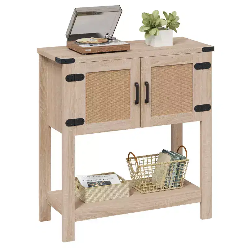 EROMMY Farmhouse Console Table With Rattan Doors, Entryway Table With Storage Cabinet, Wooden Entry Table With Metal Handle For Kitchen, Hallway