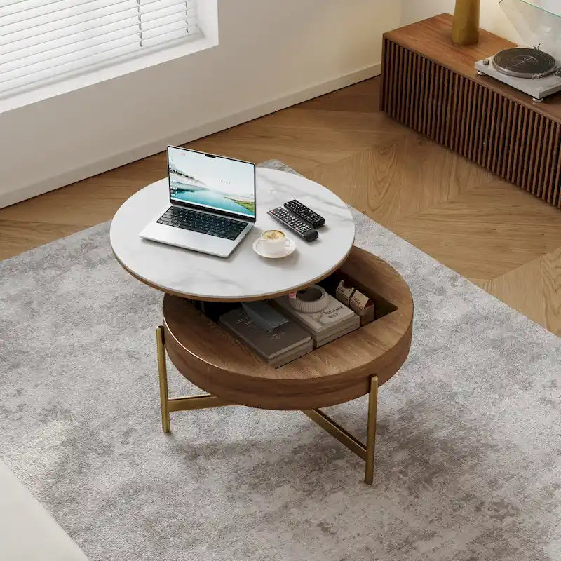 Modern Coffee Table, Lifting-top Round Coffee Table with Storage, Sintered Stone Top, Carbon Steel Legs
