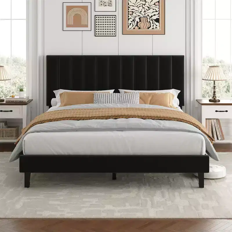 Upholstered Platform Bed with Adjustable Tufted Headboard  Noise-Free Queen Bed Frame, Sturdy Wooden Slats, No Box Spring Needed  Available in Twin
