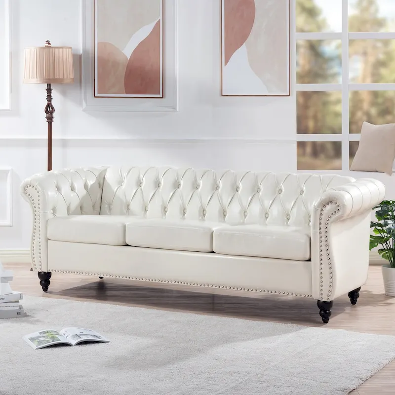 Classically Elegant 84.65 Three-Seater Rolled Arm Chesterfield Sofa in PU Leather - Sturdy Birch Legs, Soft Upholstery