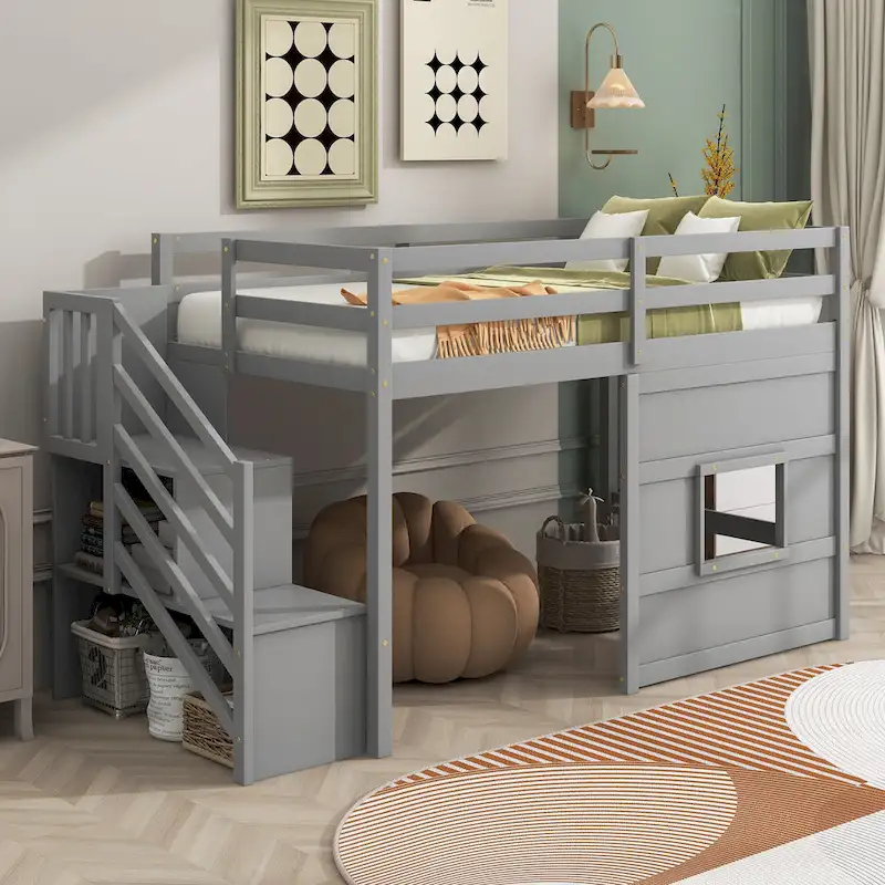 Twin Size Loft Bed with Storage Staircase and Window, Wood Bedframe