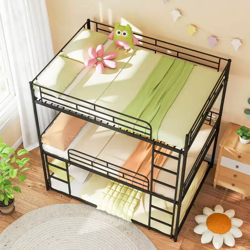 Full Over Full Over Full Metal Bed Frame, Heavy-Duty Triple Bunk Bed with Dual Ladders
