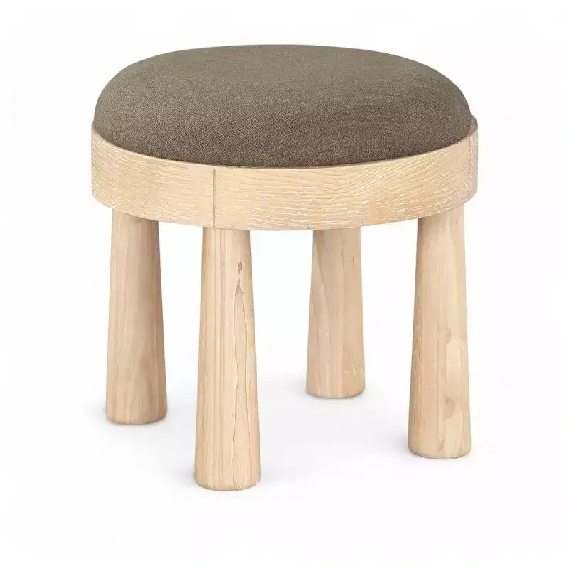 Brown / Cream / Olive Linen Round Ottoman, Seats 1