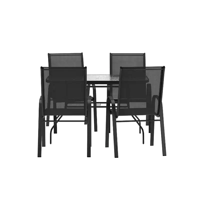 Merrick Lane 5 Piece Outdoor Dining Table Set for 4 with Glass-Top Patio Table and 4 Stack Chairs with Flex Comfort Material