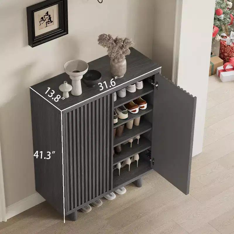 31.6 Inch Shoe Cabinet Storage for Entryway with Fluted Door,5-Tier Storage with 4 Adjustable Shelves, Rustic Entryway Shoe Bench for Hallway & Foyer
