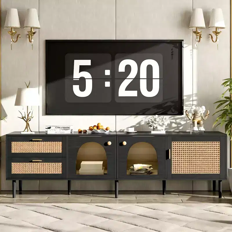 JVNOXK 70-inch rattan TV stand with 3 cabinets and 2 drawers featuring LED lighting. Suitable for TVs up to 80 inches. Ideal for living rooms. Black