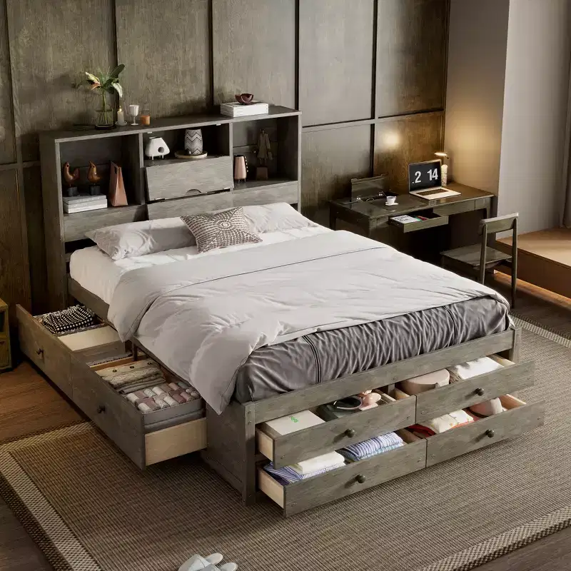 Queen/King Size Platform Bed Pine Wood Bed Frame with Storage Headboard and 8 Drawers