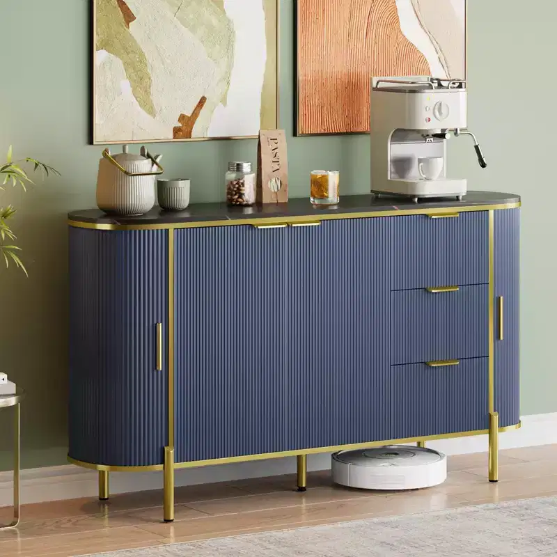 Sideboard Buffet Cabinet, 59in Modern Fluted Wood Console with 3 Drawers & Adjustable Shelf