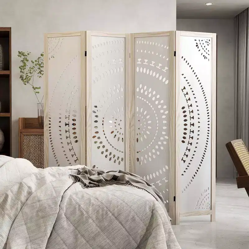 Costway 66 Boho 4-Panel Room Divider with Carved Pattern & Solid Wood Frame 360 Hinges
