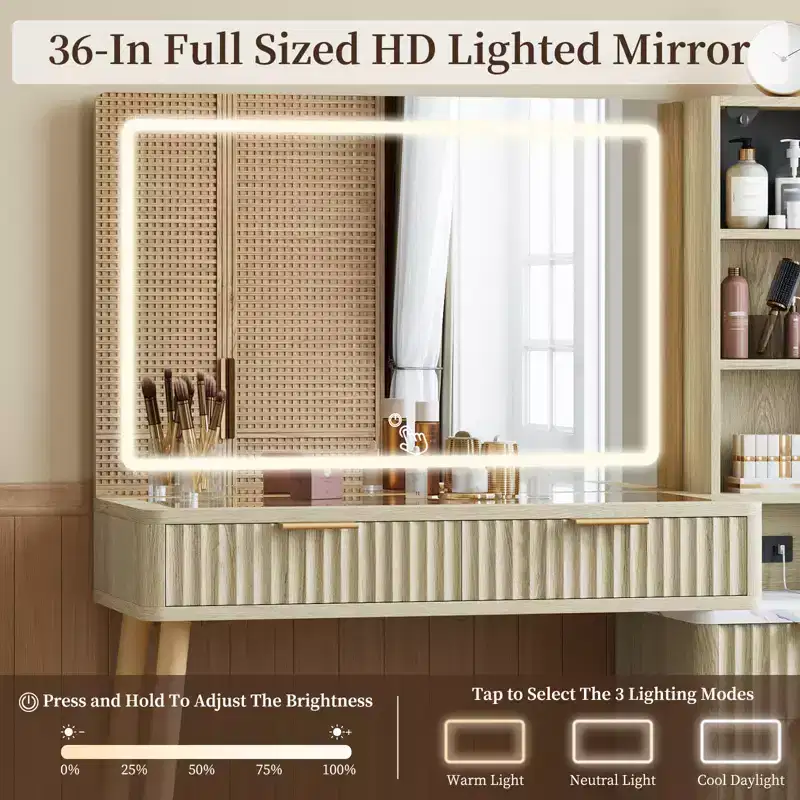 Wood Vanity Desk with LED Lighted Mirror & Drawers 36''W