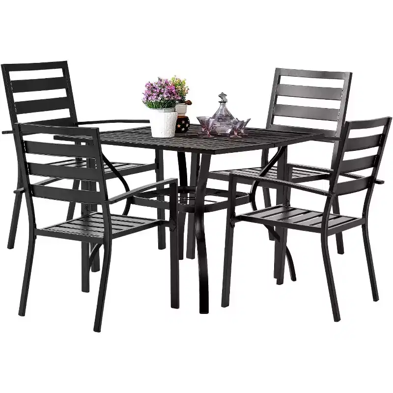 VINGLI 5-Piece Outdoor Dining Set, Metal Patio Dining Set for 4, Square Dining Table with Umbrella Hole & 4 Patio Chairs for Porch, Balcony
