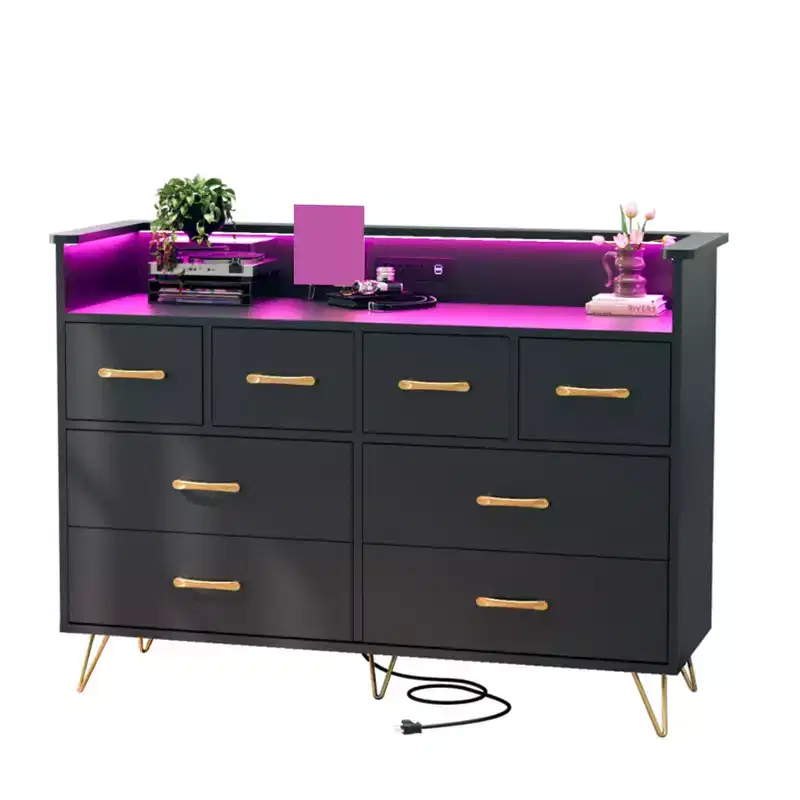 8 Drawer Dresser, Dresser TV Stand for Bedroom with LED Lights and Power Outlet, Wide Chest of Drawers for Hallway, Living Room, Entryway