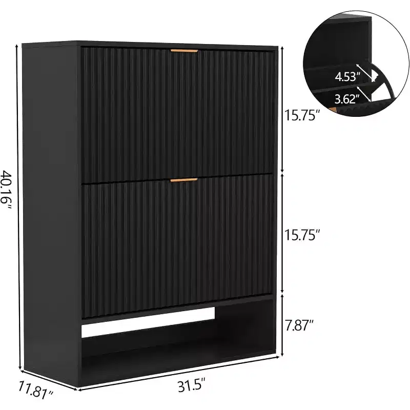 31.5'' Fluted Shoe Cabinet with 2 Flip-Down Drawers & Side Hooks, Adjustable Narrow Entryway Storage Organizer with Bottom Open Shelf