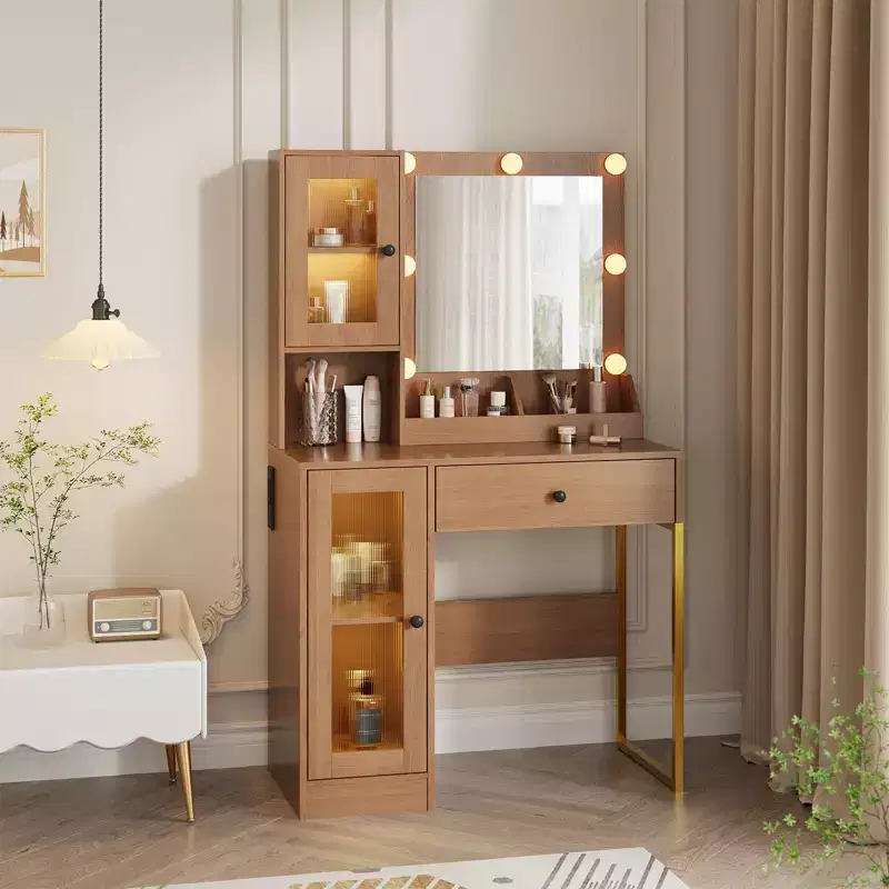 Makeup Vanity Desk with Power Outlet, Modern Vanity Table with Mirror and Lights, 2 Open Compartments