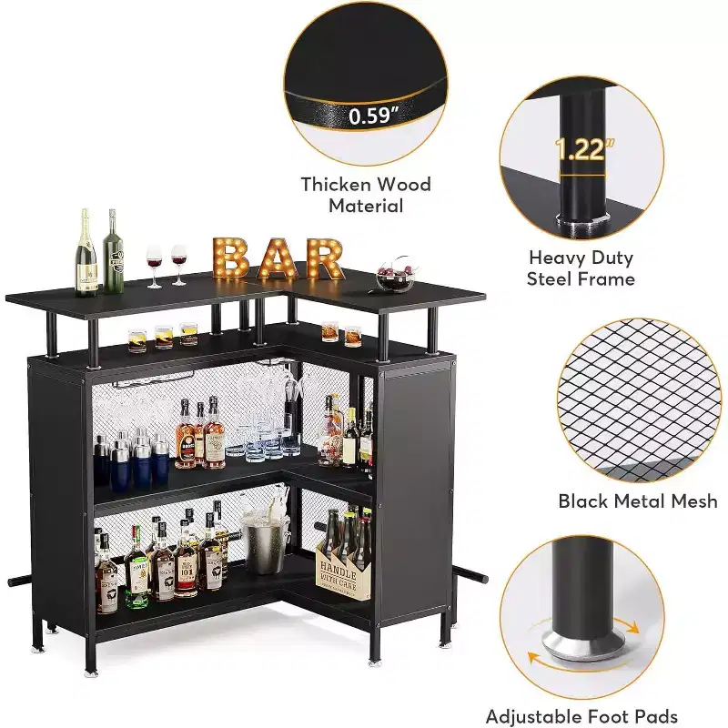 2-Tier L-Shaped Home Bar Unit – Stemware Racks, Open Shelves, Metal Mesh