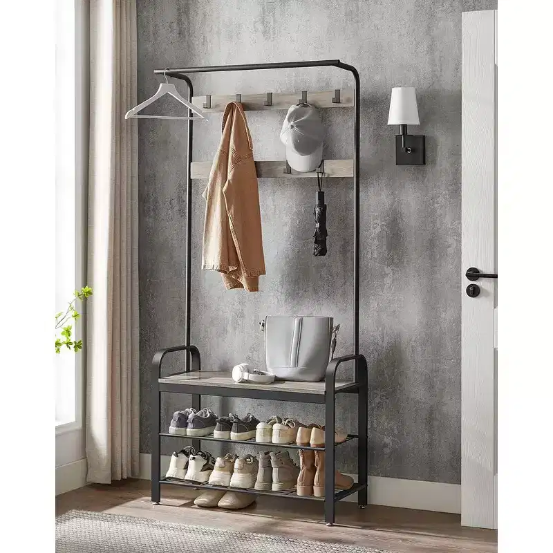 Coat Rack, Hall Tree with Shoe Bench Entryway Bench with Coat Rack, with 9 Removable Hooks, a Hanging Rod
