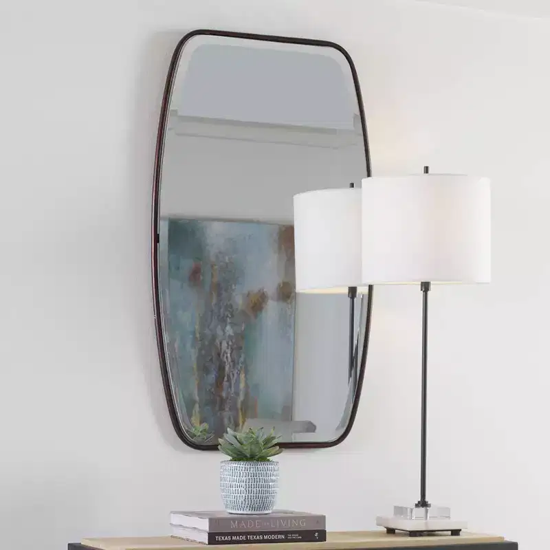 Rectangular Beveled Wall Mirror with Dark Bronze Metal Frame