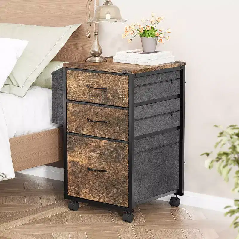 Karl Home15 Inch Embossed Metal Framed Wooden File Cabinet with 3 Drawers and Wheels
