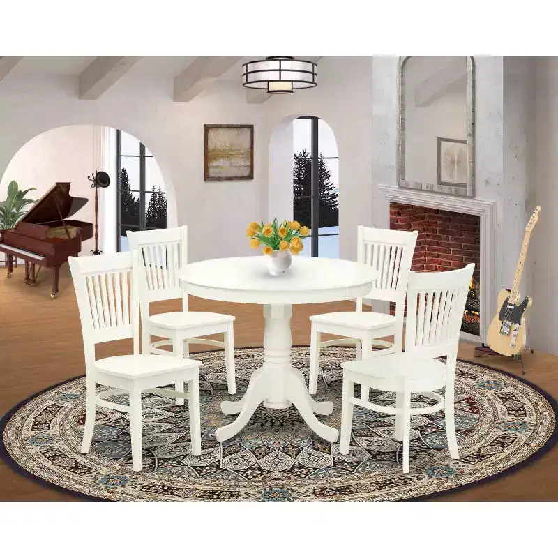 HomeStock ANVA5 Linen White 5 Piece Round Pedestal Dining Set