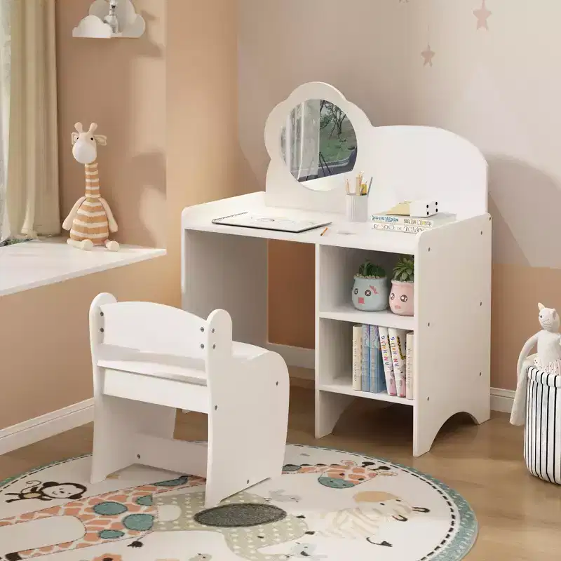 JVNOXK Kids Dressing Set with Storage Rack (Includes Mirror and Chair) Activity Desk for Boys and Girls Ideal for Playrooms and Bedrooms - White