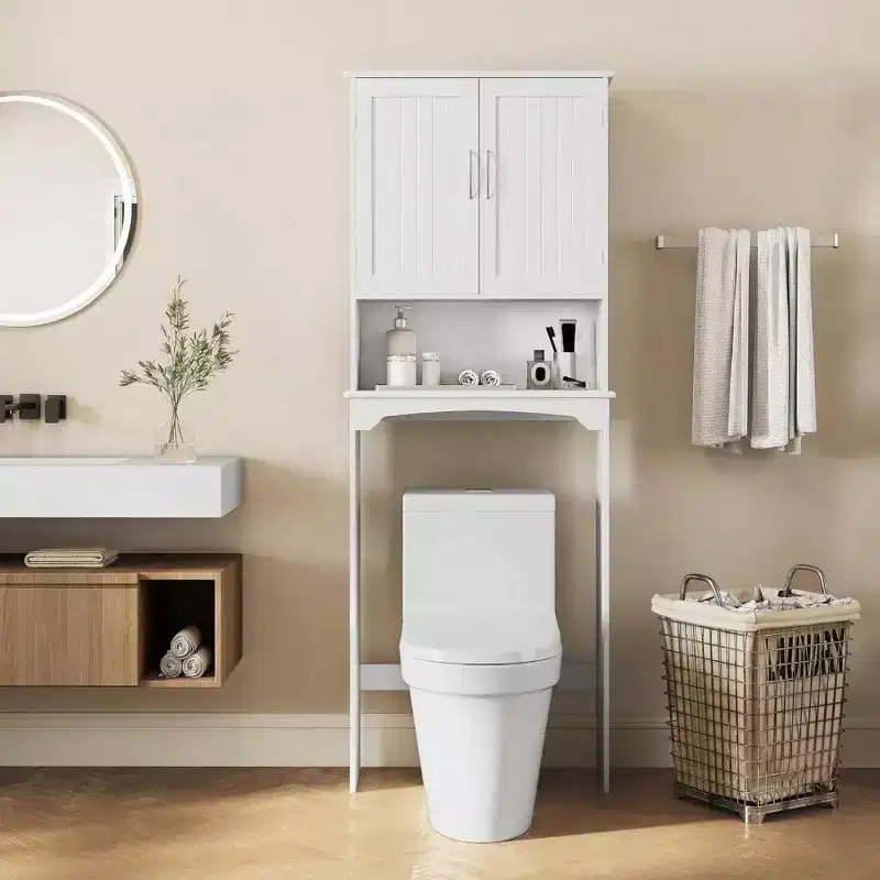 Over Toilet Cabinet Double Door Bathroom Storage Organizer White Toilet Rack with Adjustable Inner Shelf Open Storage Shelf