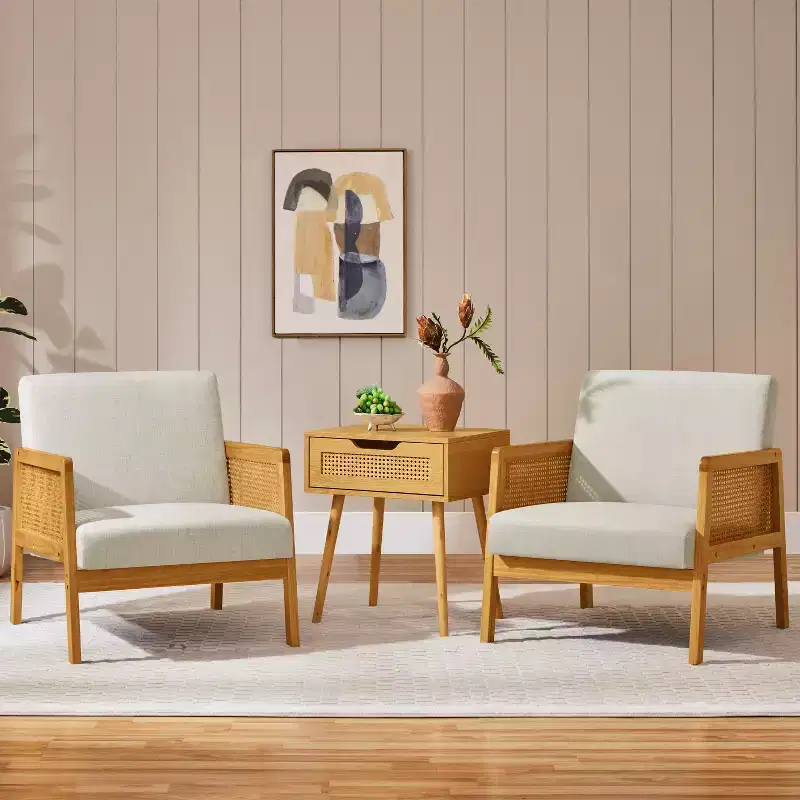 Set of 2 Upholstered Accent Chairs with Rattan Sides for Living Rooms, Bedrooms