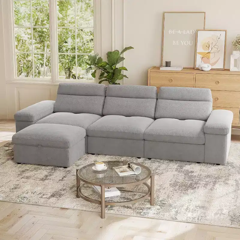 MooxvMoo 114 Modular Sectional Sofa with Storage, Down Filled L Shaped Couch with Adjustable Backrest, Couches for Living Room, Apartment, Gray