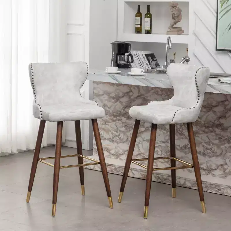 Set of 2 Mid-Century Modern Faux Leather Tufted Nailhead Trim Barstools, White