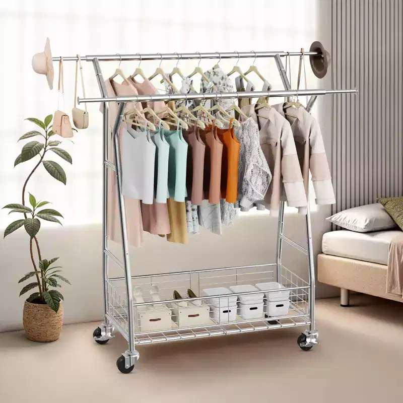 VEVOR Clothes Rack, Rolling Clothing Garment Rack with 2 Hanging Rods and Storage Basket, 330 lbs Load Capacity, Silver