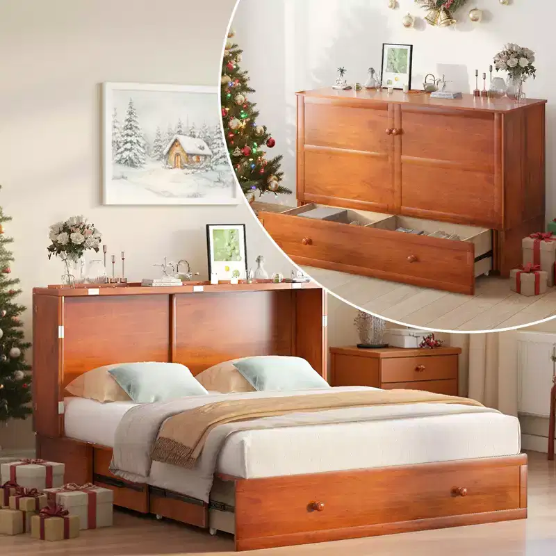 Murphy Bed Cabinet, Modern Murphy Bed Queen with Mattress, Built-in USB Charging Station & Drawers
