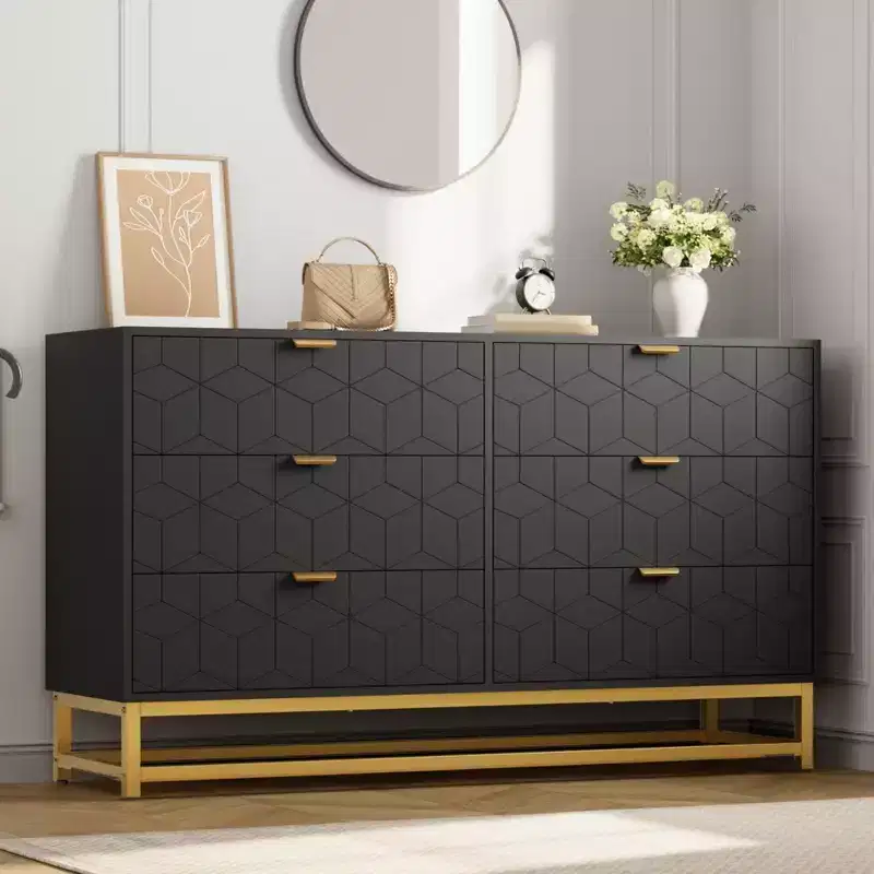 Dresser for Bedroom, 53.5 Large Dresser Organizer, 6 Drawer with Golden Metal Handle and Legs, Modern Chest of Drawers, Dressers with Drawers