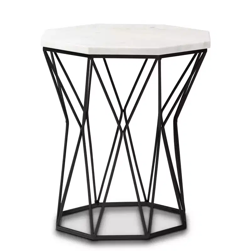 Venedict Metal End Table with Marble Tabletop Black - Baxton Studio: Rectangle Side Table for Living Room, No Assembly Required