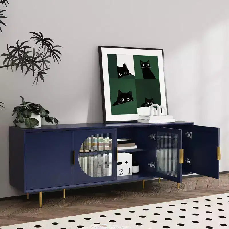 66 Gold-Leg Media Console  Modern TV Stand with Glass Doors, 55 Compatible, Living Room/Bedroom Storage