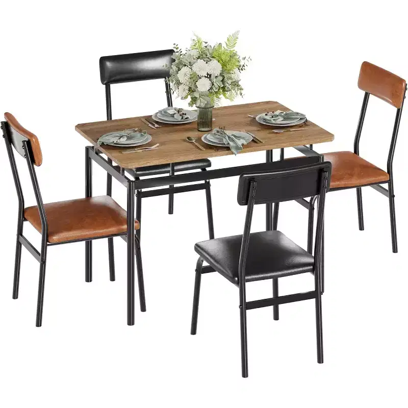5 Piece Wooden Dining Room Table Set, 4 PU Upholstered Chair, Industrial Metal Frame Dinette Set for Dining Room, Home Dinner, Brown
