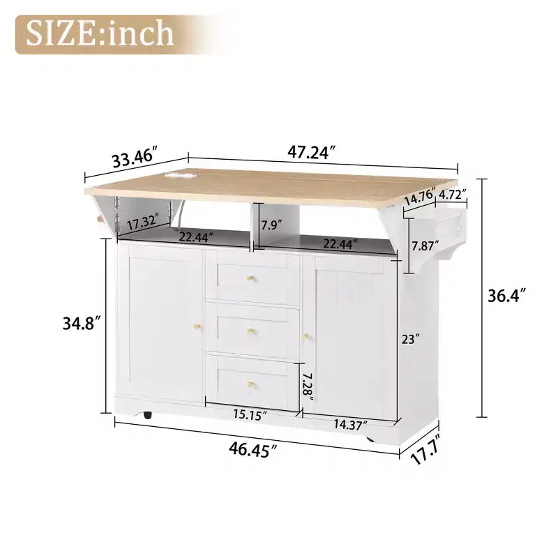 Rolling Kitchen Island with Power Outlet, Spice Rack & 2 Drop Leaf