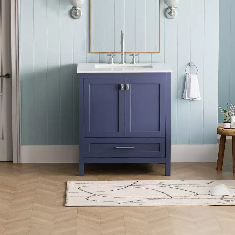 30 Bathroom Vanity with Sink, Freestanding Double Door Cabinet with 1 Drawer and Solid Surface Top, Fully Assembled for Home Apartment