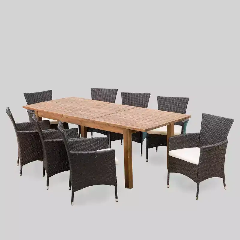 Oslo 9pc Acacia Wood & Wicker Patio Dining Set: Seats 8, Includes Cushions - Christopher Knight Home