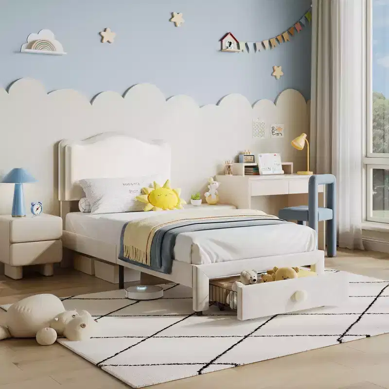Princess Style Kids Bed - Upholstered Twin Bed Frame with Scallop Headboard & Storage Drawer - Sturdy Wooden Slats, Noise-Free, Easy Assembly