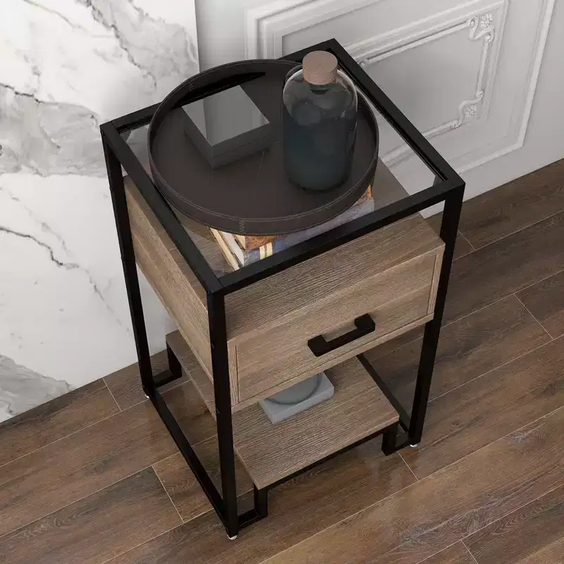 Nightstand End Table with Tempered Glass Top, Wood Drawer and Adjustable Legs, Bedside Table for Bedroom and Living Room