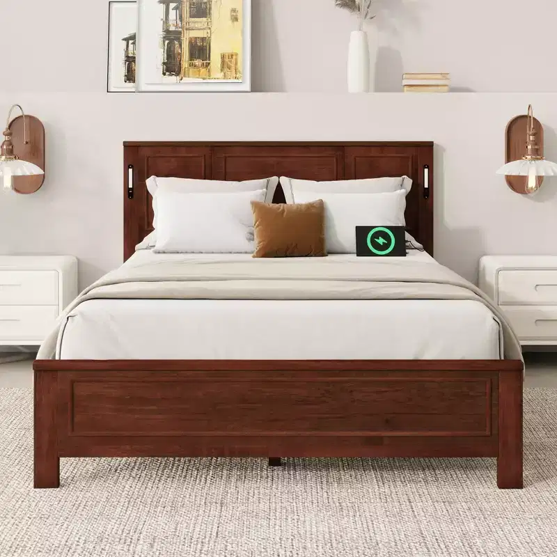 ModernLuxe Queen/King Size Platform Bed with Tall Headboard, Farmhouse Wood Bed Frame with LED Lights & USB Ports