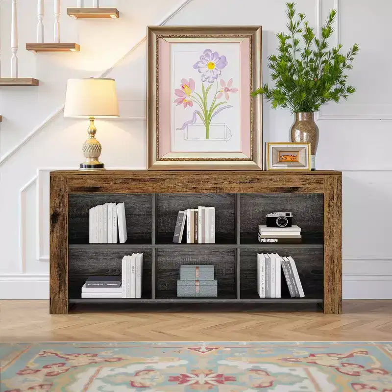 MAYEERTY 63 Rustic Console Table, 6 Open Compartments Wooden Couch Table for Entryway