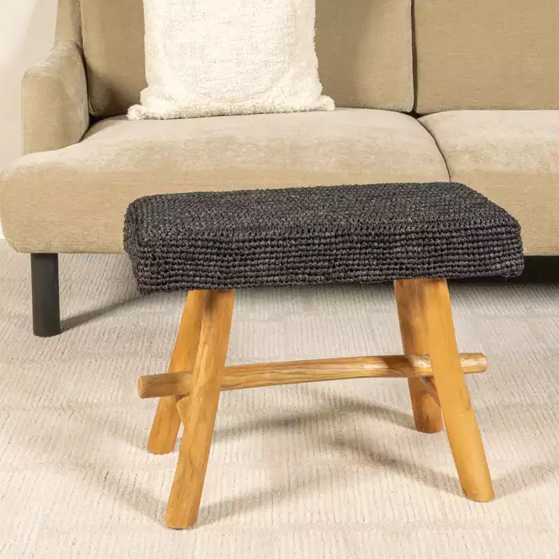 Woven Mendong and Teakwood Stool, Black