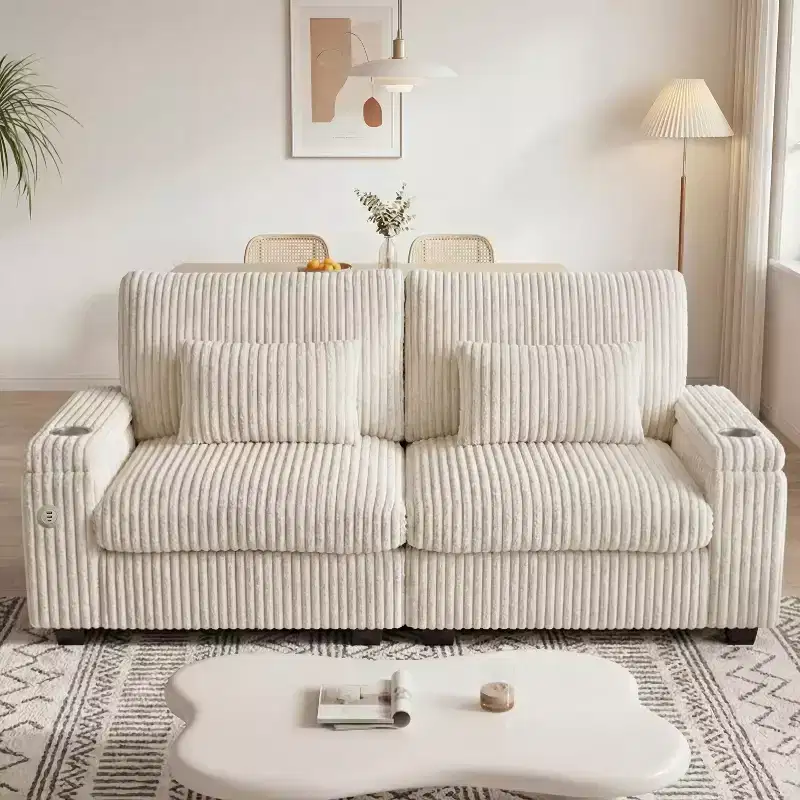Vipbear 91-inch modern-style double-seater sofa with charging cup holder and armrest storage, in wide corduroy