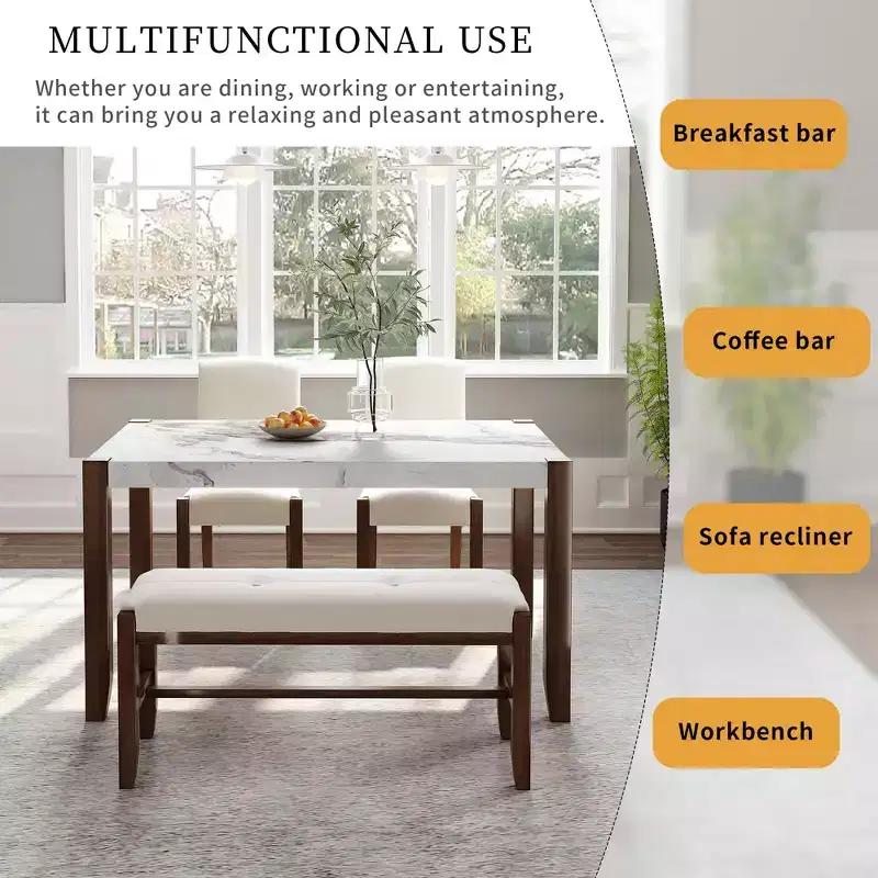 MAYEERTY 4-Piece Modern Dining Set, 46 Faux Marble Table, 2 Chairs & Bench