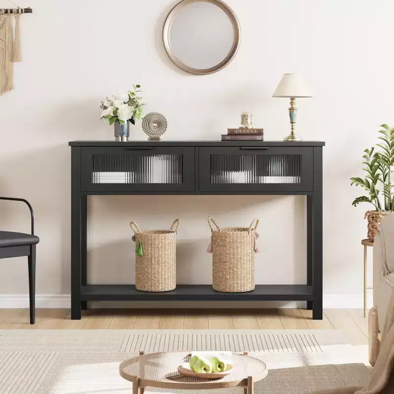 Acekool Rustic Farmhouse Console Table, 43 Wooden Sofa Table with 2 Glass-Front Drawers, 2-Tier Open Storage Shelf, Modern Accent for Hallway