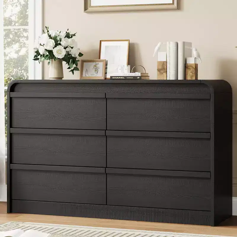 46 Wide Fluted 6 Drawer Dresser for Bedroom, Large Storage Wooden Dresser with Curved Profile, Modern Chest of Drawers for Living Room