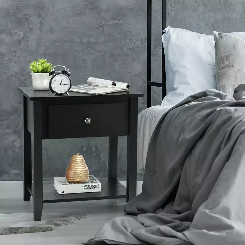 Costway 2PCS Nightstand Sofa End Side Table W/ Storage Drawer Bottom Shelf Black