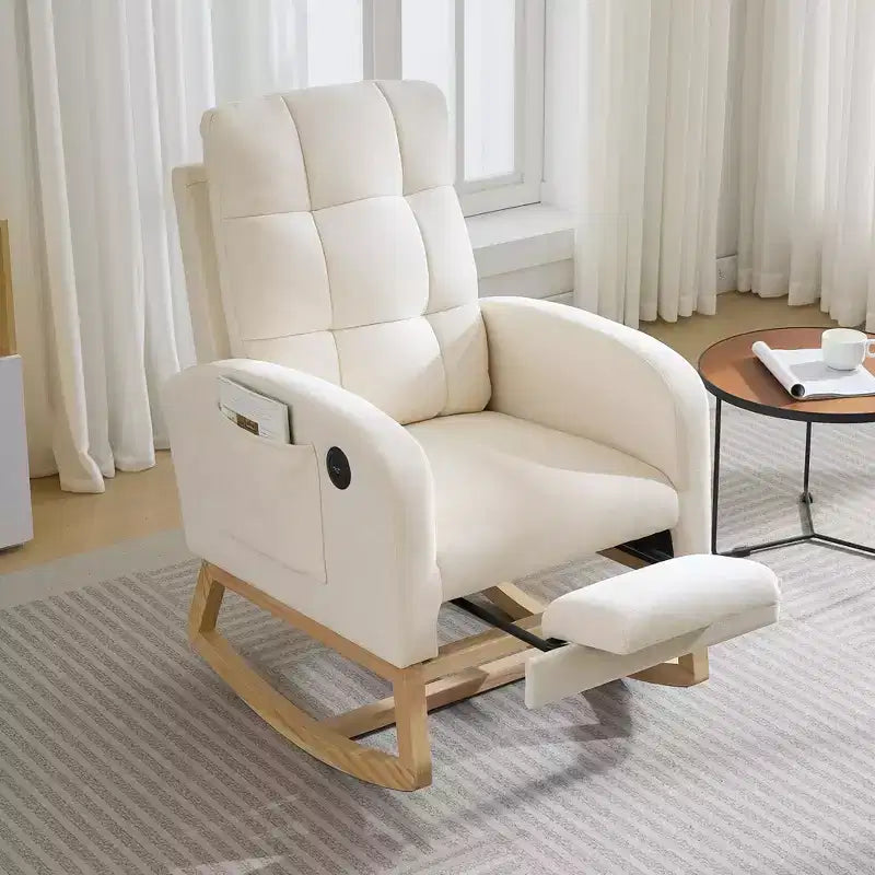 Modern Nursery Rocking Chair with USB Port, Footrest & Side Pocket - High Back Rocker Recliner Glider for Living Room, Bedroom & Nursing Room